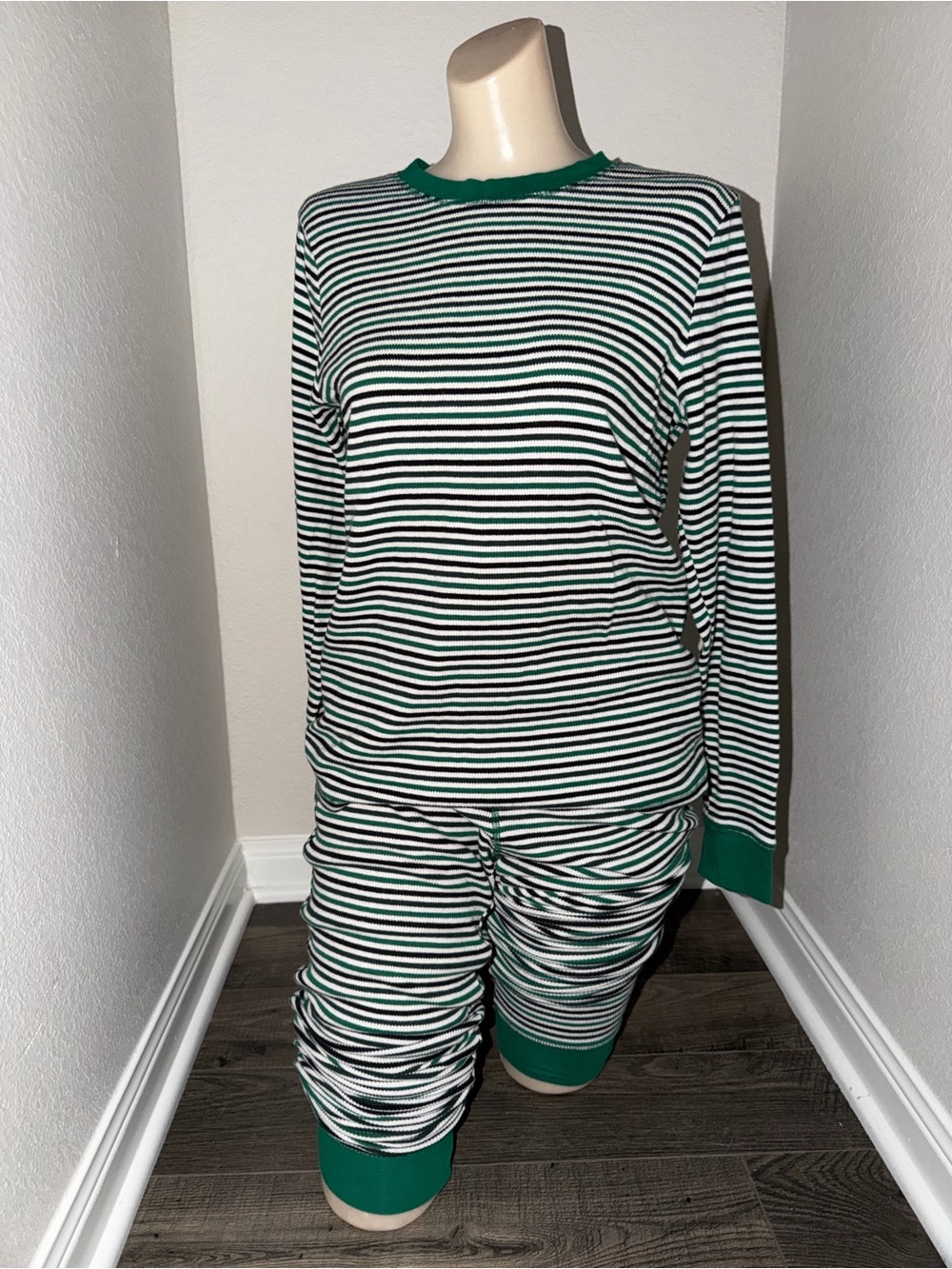 PINK Victoria's Secret Green & White Striped Long-Sleeve Pajama Set
